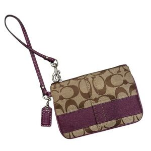 Coach Signature Monogram C Wristlet Coin Pouch Wallet Purple Beige